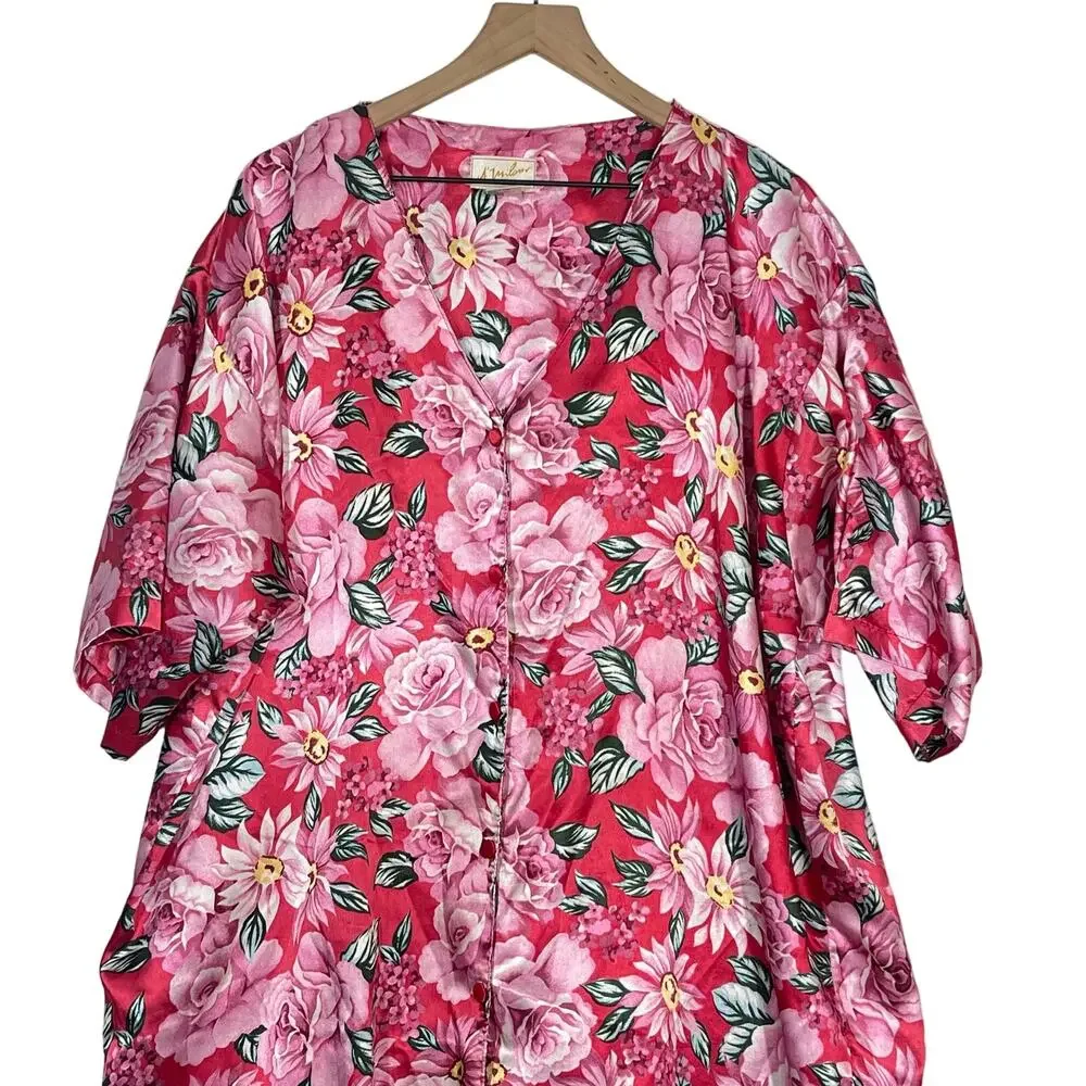 Vintage A'Milan Nightgown Women's One Size Pink Floral Button Front Sleepwear